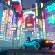 A woman sits on the hood of a sports car as she looks on neon lights that beam from a futuristic city.